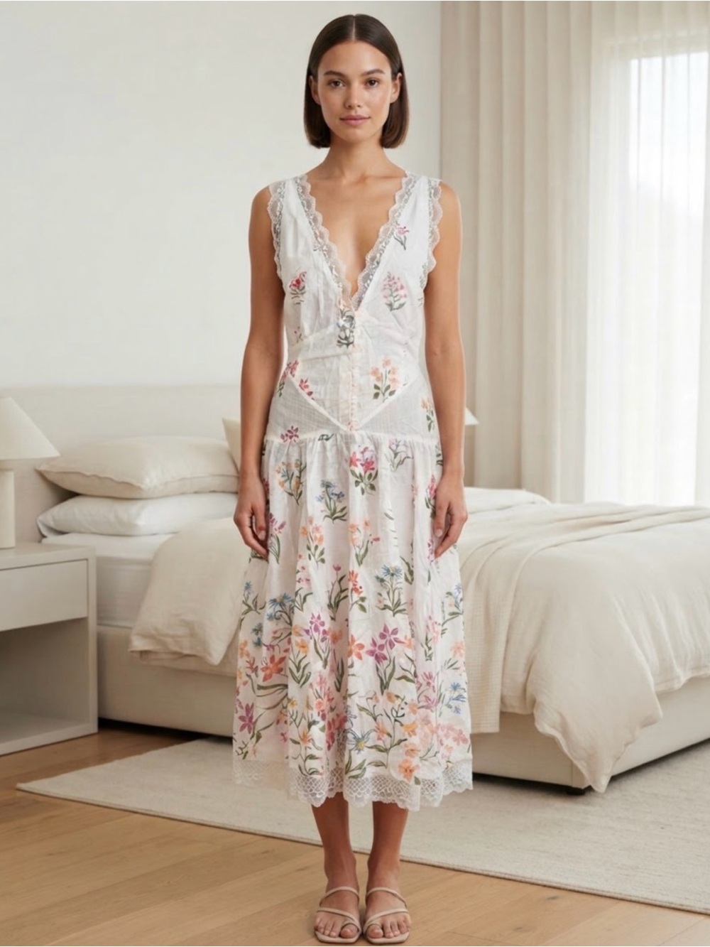 Anthropologie White Floral Lace-Trim Midi Dress Size Small